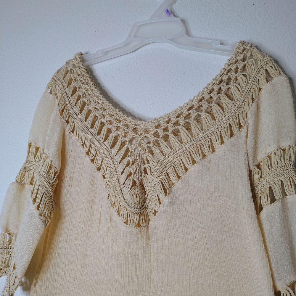 Boho Beige Crochet Mesh Midi Dress Cover Up S/M Solid Neutral Festival Beach - Picture 3 of 15